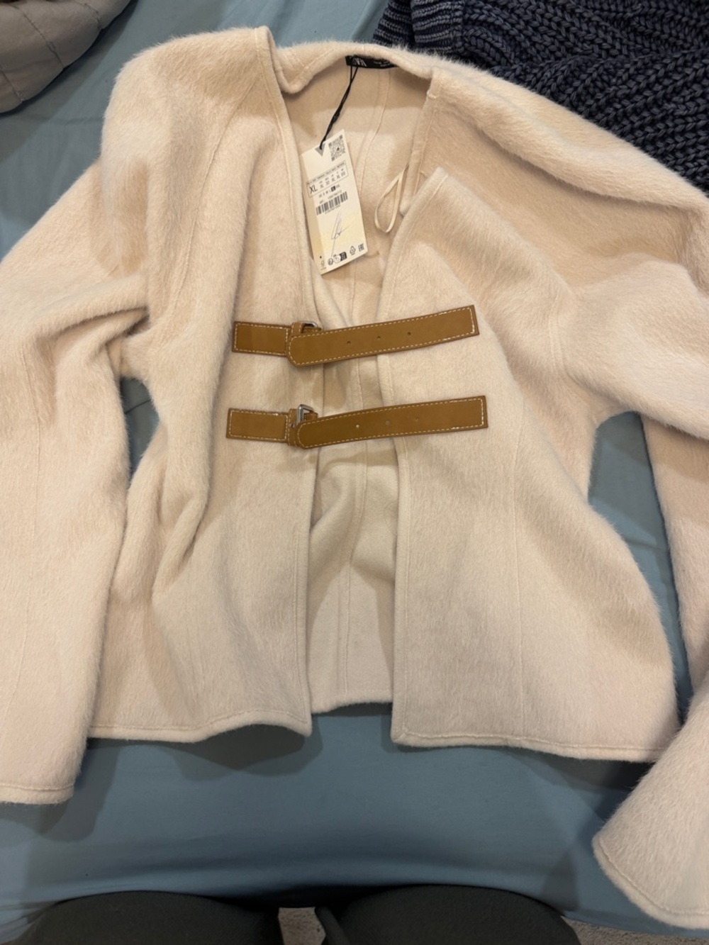 Zara Cream Wool Blend Jacket with Tan Buckle Straps
